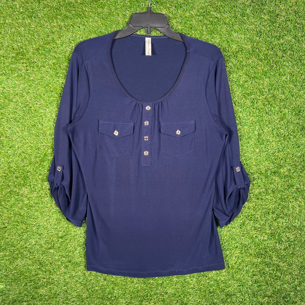 PerSeption Concept Navy Blue 3/4 Roll Tab Sleeve Button Front Blouse XL